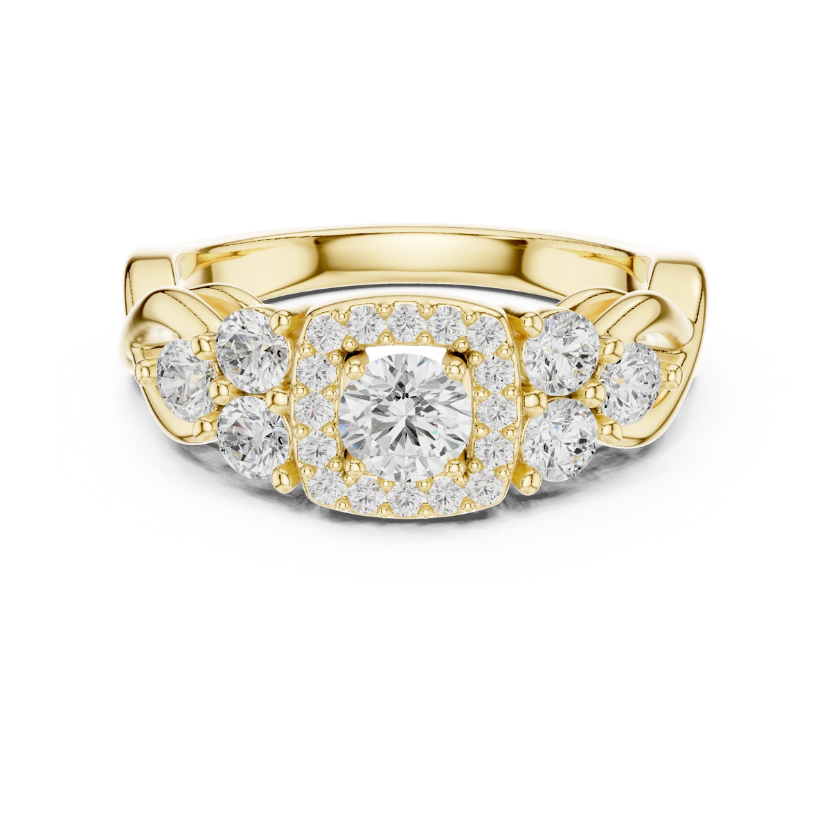 Cushion Halo Six Side Stone Twist Moissanite Engagement Ring in yellow 925 sterling silver, view 4