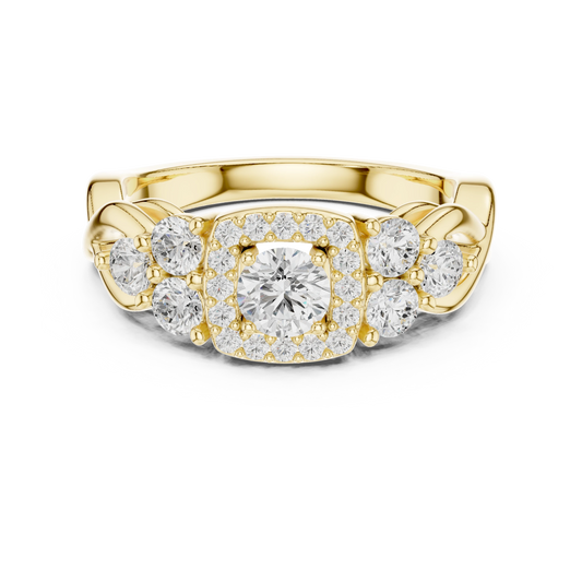 Cushion Halo Six Side Stone Twist Moissanite Engagement Ring in yellow 925 sterling silver, view 4
