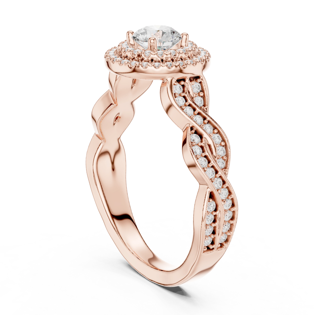 Round Double Halo Braided Pavé Moissanite Engagement Ring in rose 925 sterling silver, view 1
