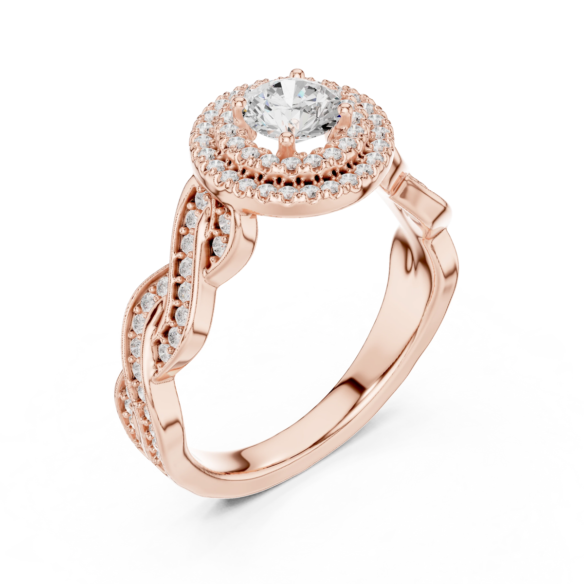 Round Double Halo Braided Pavé Moissanite Engagement Ring in rose 925 sterling silver, view 2