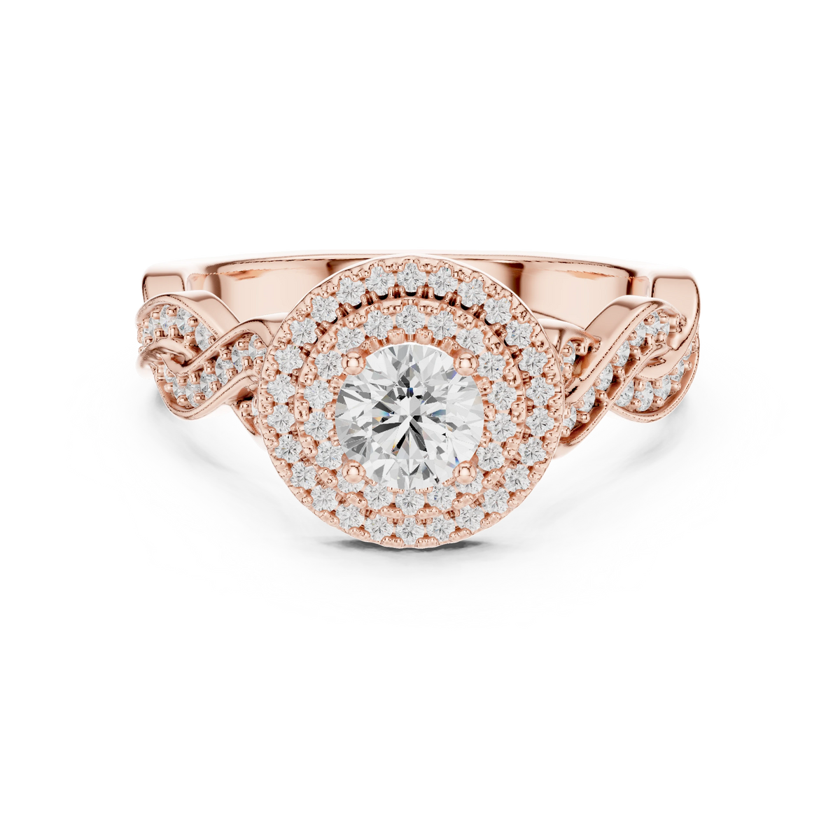 Round Double Halo Braided Pavé Moissanite Engagement Ring in rose 925 sterling silver, view 4