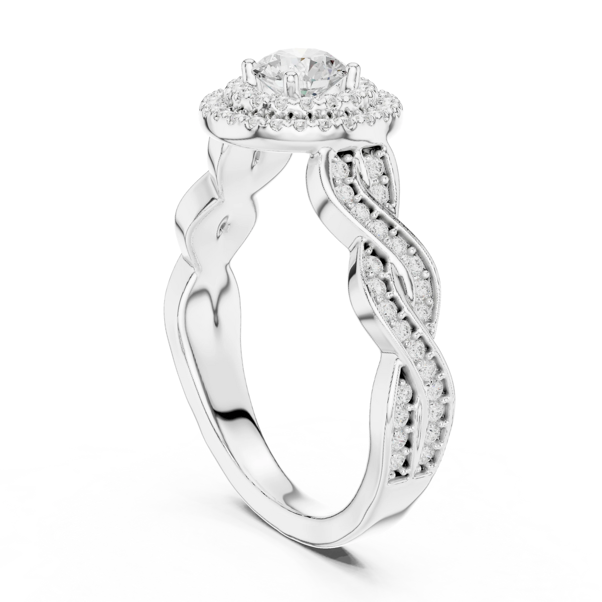 Round Double Halo Braided Pavé Moissanite Engagement Ring in white 925 sterling silver, view 1