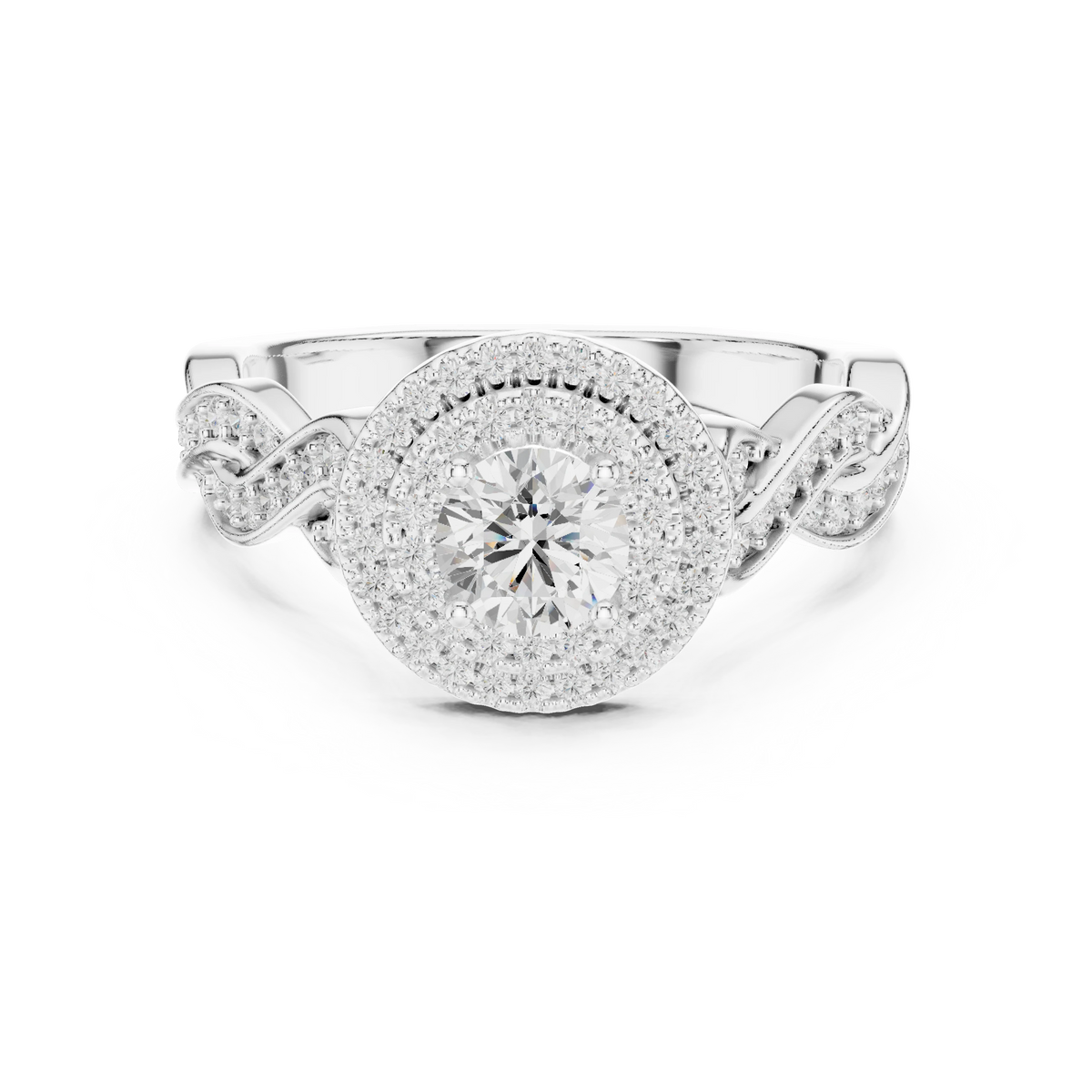 Round Double Halo Braided Pavé Moissanite Engagement Ring in white 925 sterling silver, view 4