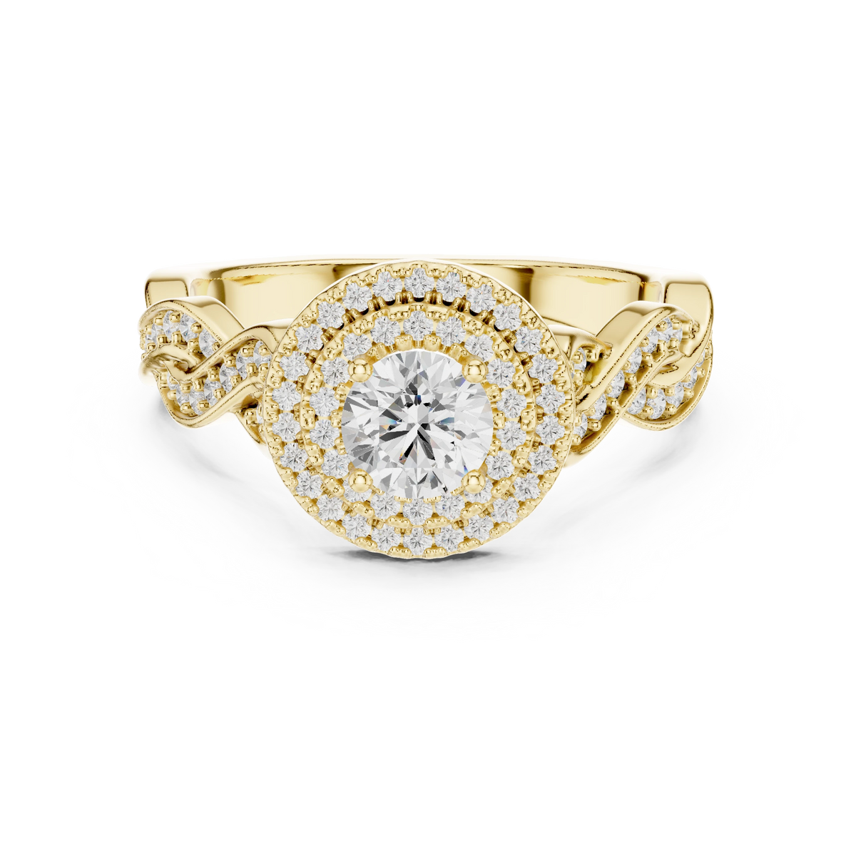 Round Double Halo Braided Pavé Moissanite Engagement Ring in yellow 925 sterling silver, view 4