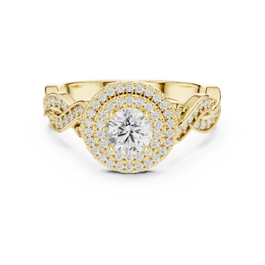Round Double Halo Braided Pavé Moissanite Engagement Ring in yellow 925 sterling silver, view 4