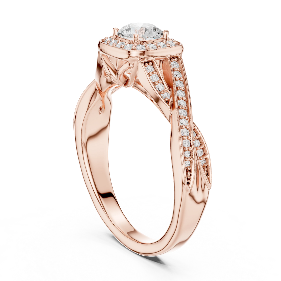 Cushion Halo Leaf Twist Pavé Moissanite Engagement Ring in rose 925 sterling silver, view 1