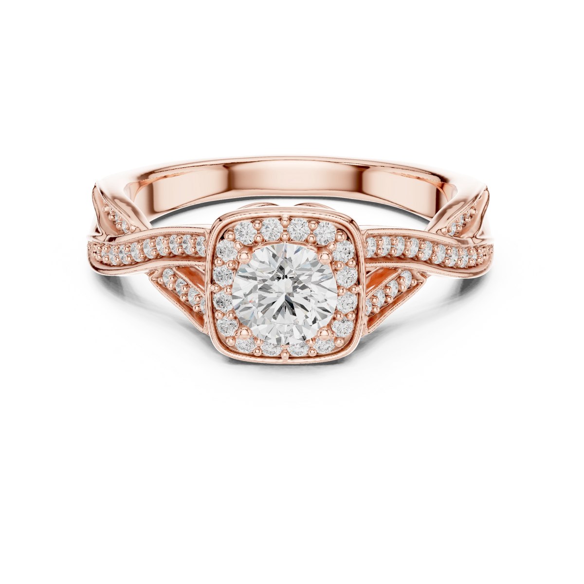 Cushion Halo Leaf Twist Pavé Moissanite Engagement Ring in rose 925 sterling silver, view 4