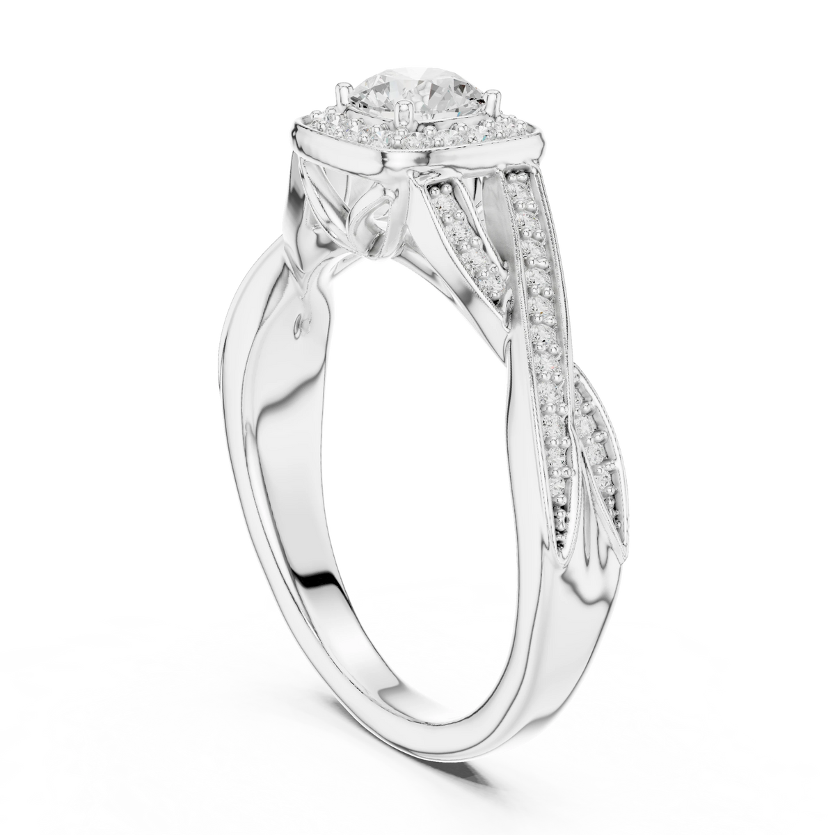 Cushion Halo Leaf Twist Pavé Moissanite Engagement Ring in white 925 sterling silver, view 1
