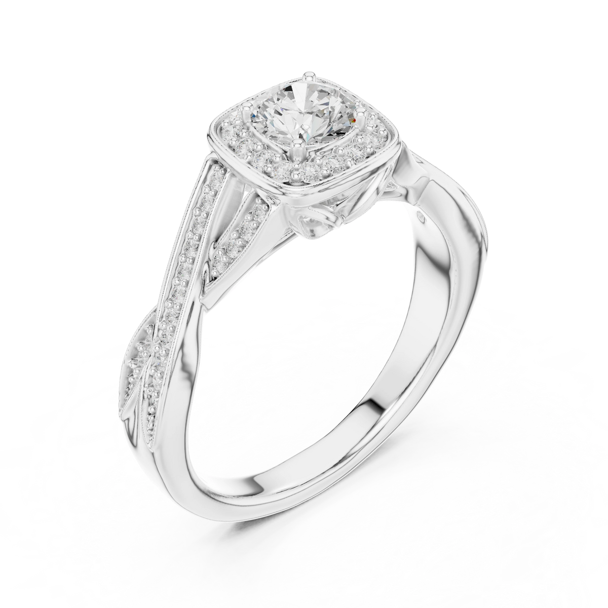 Cushion Halo Leaf Twist Pavé Moissanite Engagement Ring in white 925 sterling silver, view 2