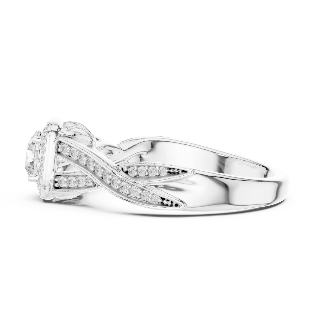 Cushion Halo Leaf Twist Pavé Moissanite Engagement Ring in white 925 sterling silver, view 3