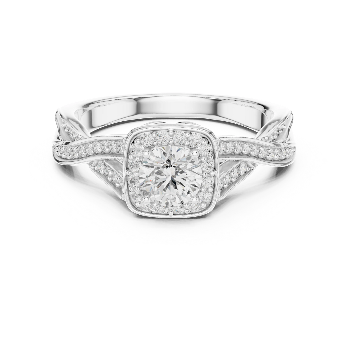 Cushion Halo Leaf Twist Pavé Moissanite Engagement Ring in white 925 sterling silver, view 4