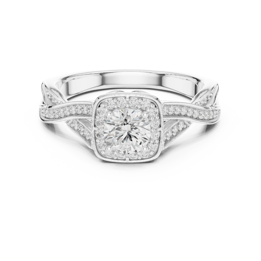 Cushion Halo Leaf Twist Pavé Moissanite Engagement Ring in white 925 sterling silver, view 4