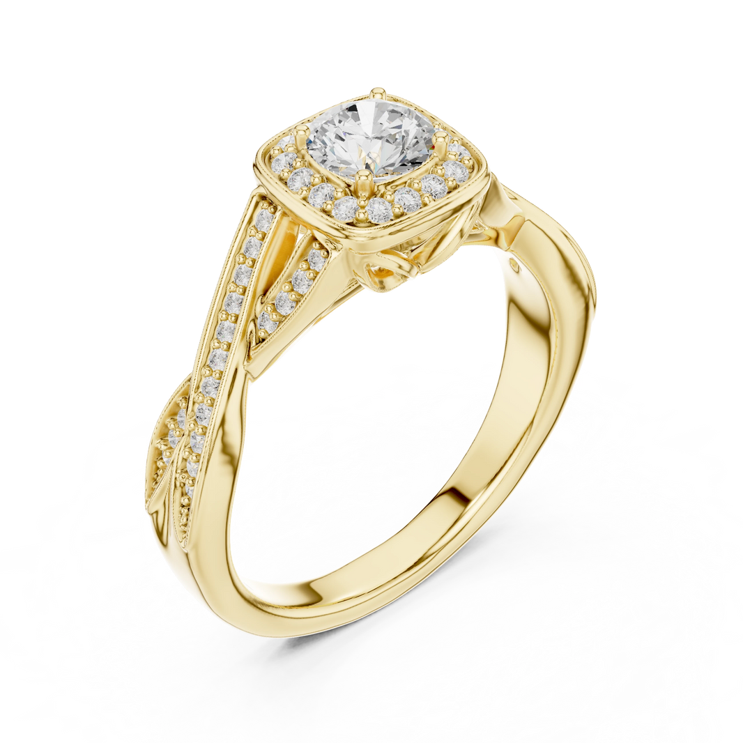 Cushion Halo Leaf Twist Pavé Moissanite Engagement Ring in yellow 925 sterling silver, view 2