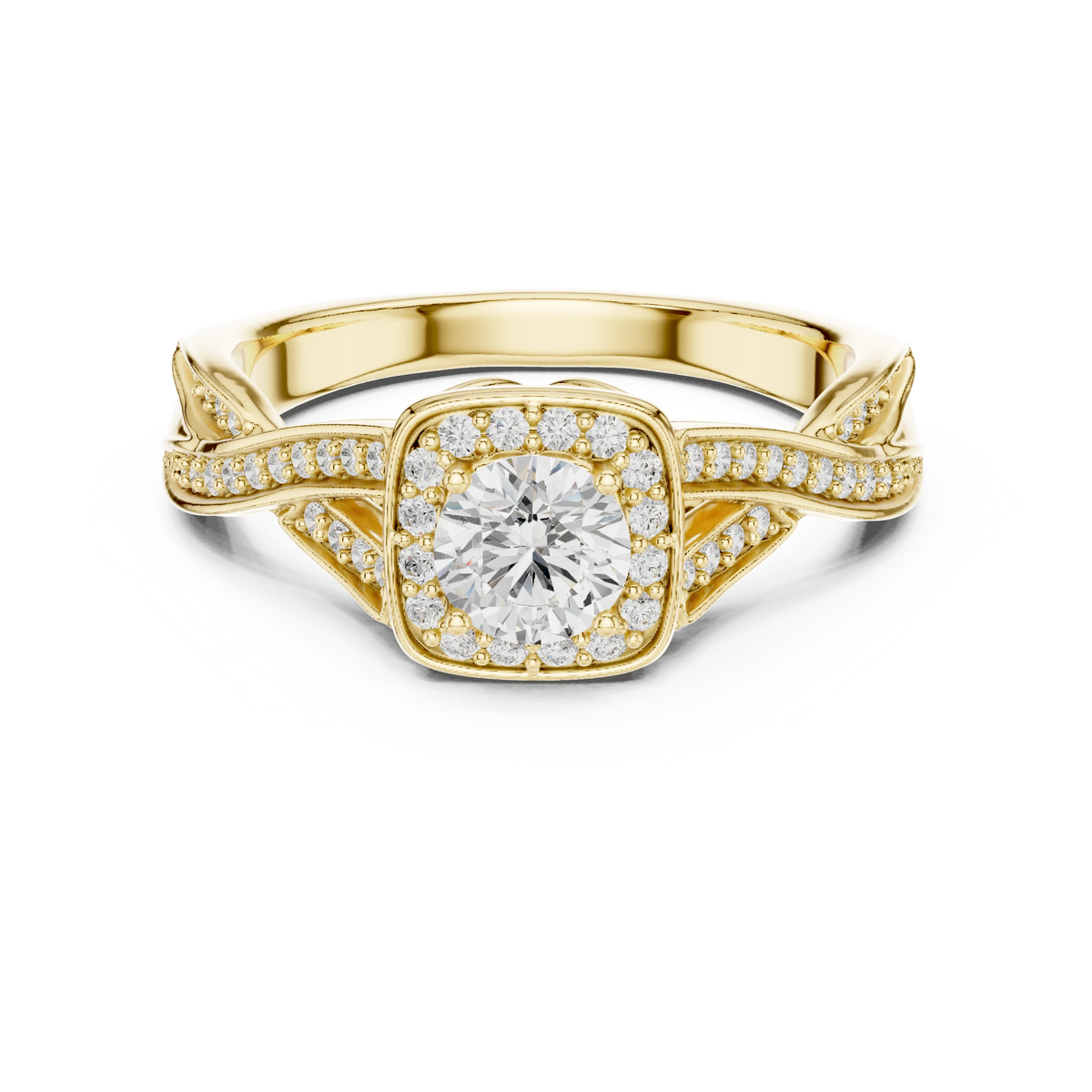 Cushion Halo Leaf Twist Pavé Moissanite Engagement Ring in yellow 925 sterling silver, view 4