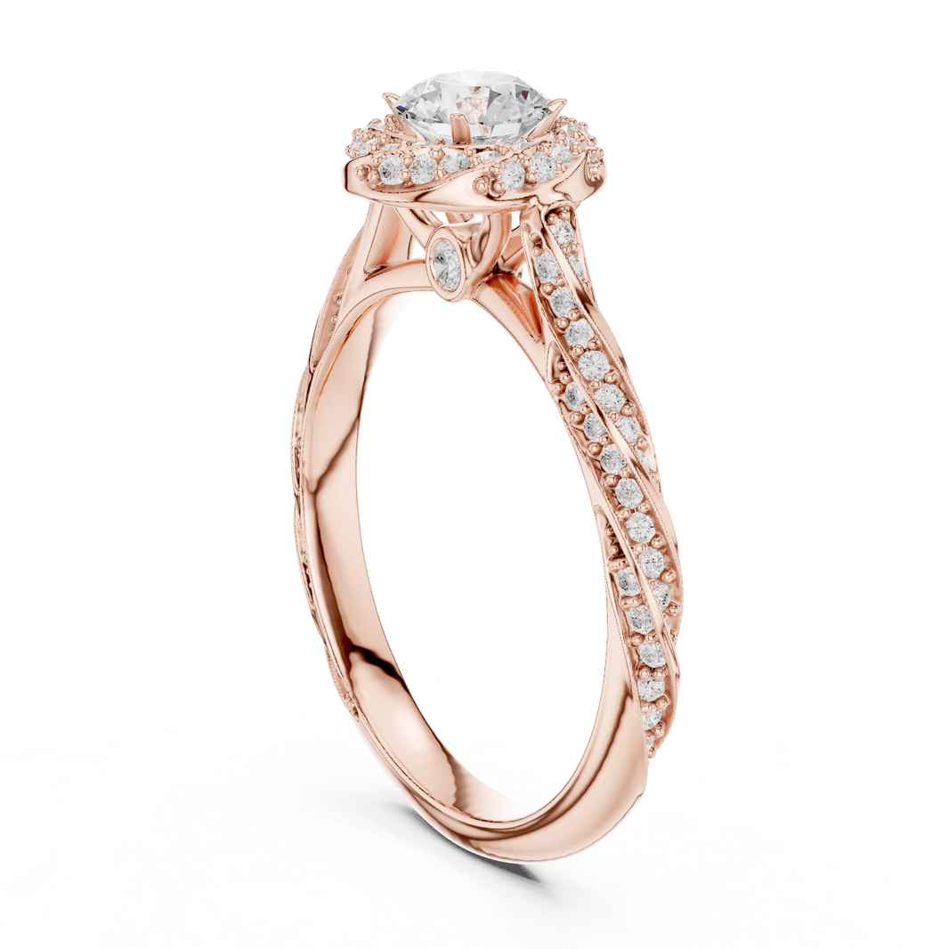 Round Halo Rope Twist Pavé Moissanite Engagement Ring in rose 925 sterling silver, view 1