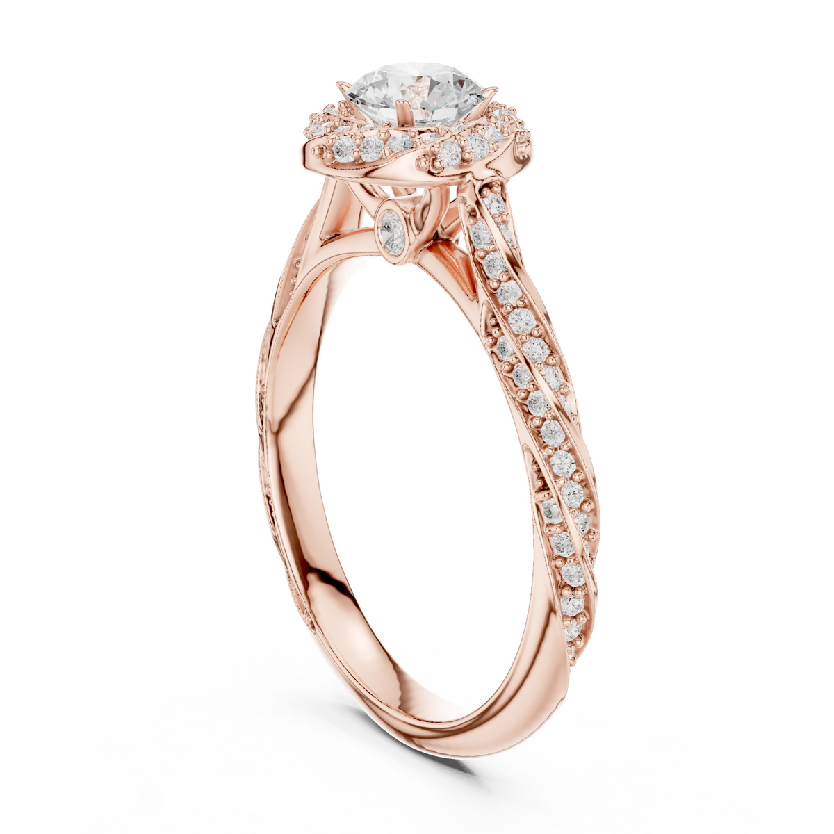 Round Halo Rope Twist Pavé Moissanite Engagement Ring in rose 925 sterling silver, view 1
