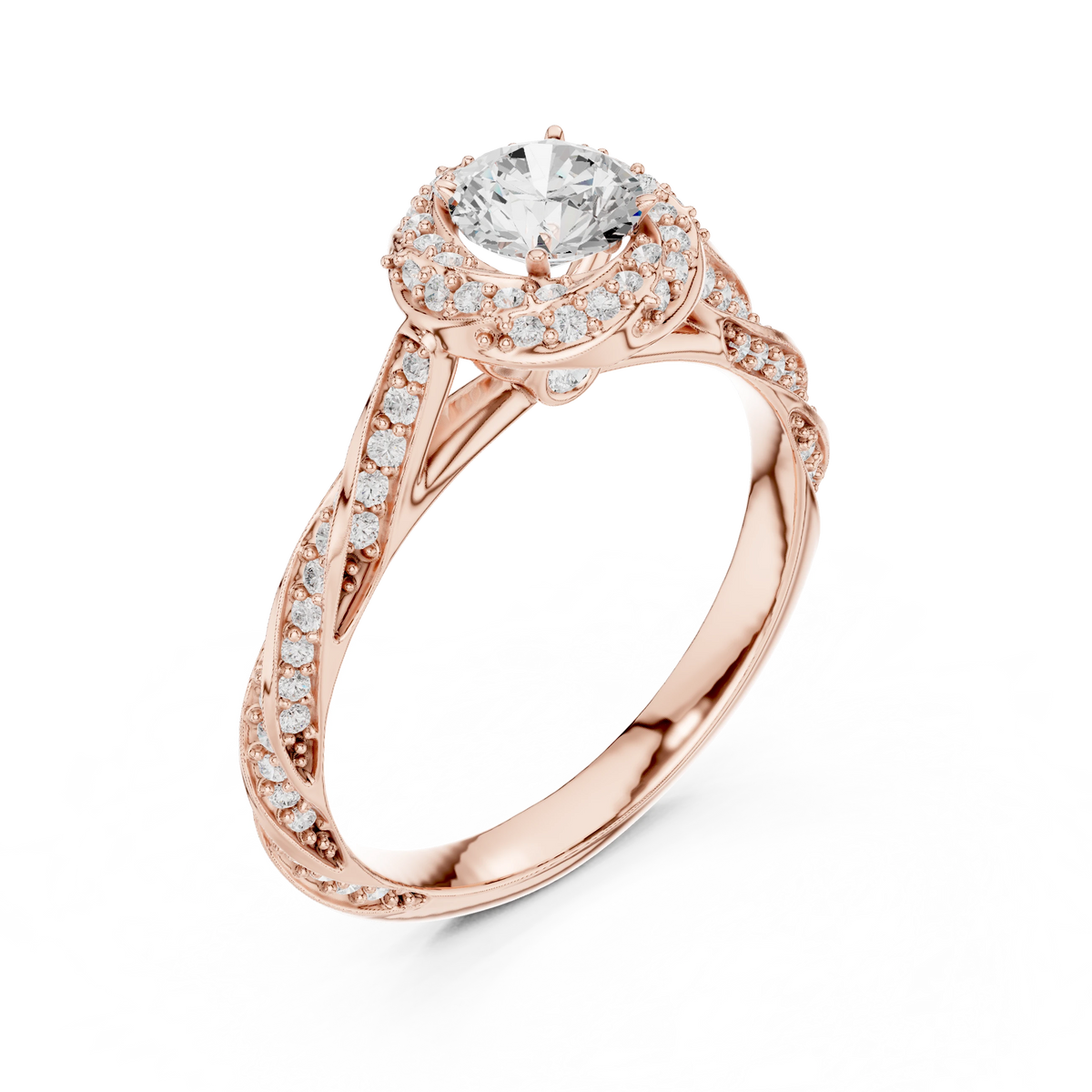 Round Halo Rope Twist Pavé Moissanite Engagement Ring in rose 925 sterling silver, view 2