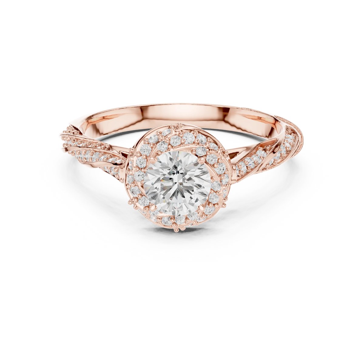 Round Halo Rope Twist Pavé Moissanite Engagement Ring in rose 925 sterling silver, view 4