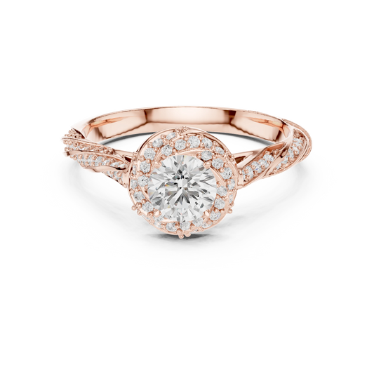 Round Halo Rope Twist Pavé Moissanite Engagement Ring in rose 925 sterling silver, view 4