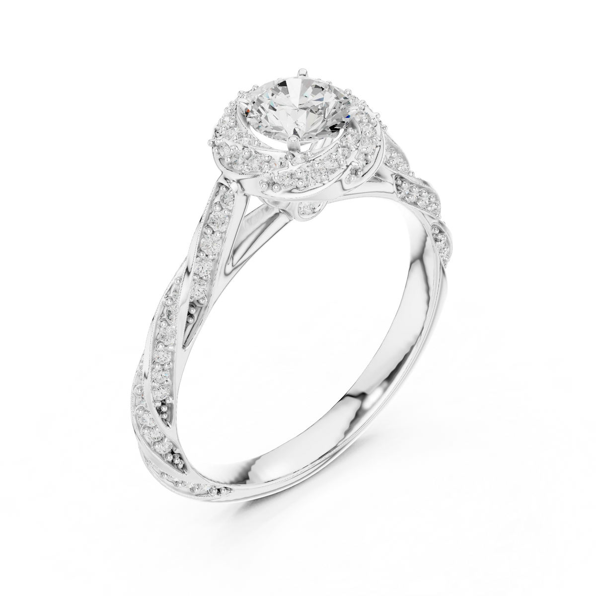 Round Halo Rope Twist Pavé Moissanite Engagement Ring in white 925 sterling silver, view 2