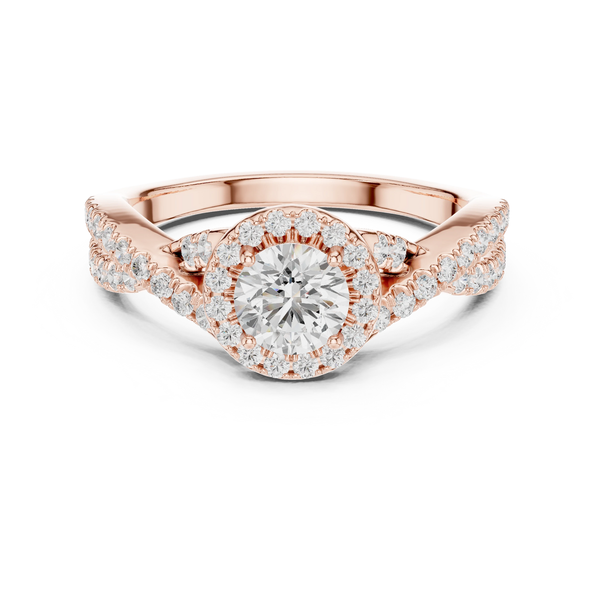 Round Halo Infinity Twist Pavé Moissanite Engagement Ring in rose 925 sterling silver, view 4
