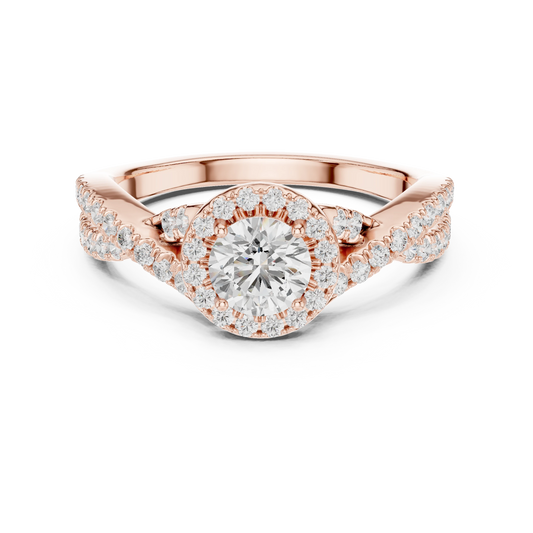 Round Halo Infinity Twist Pavé Moissanite Engagement Ring in rose 925 sterling silver, view 4