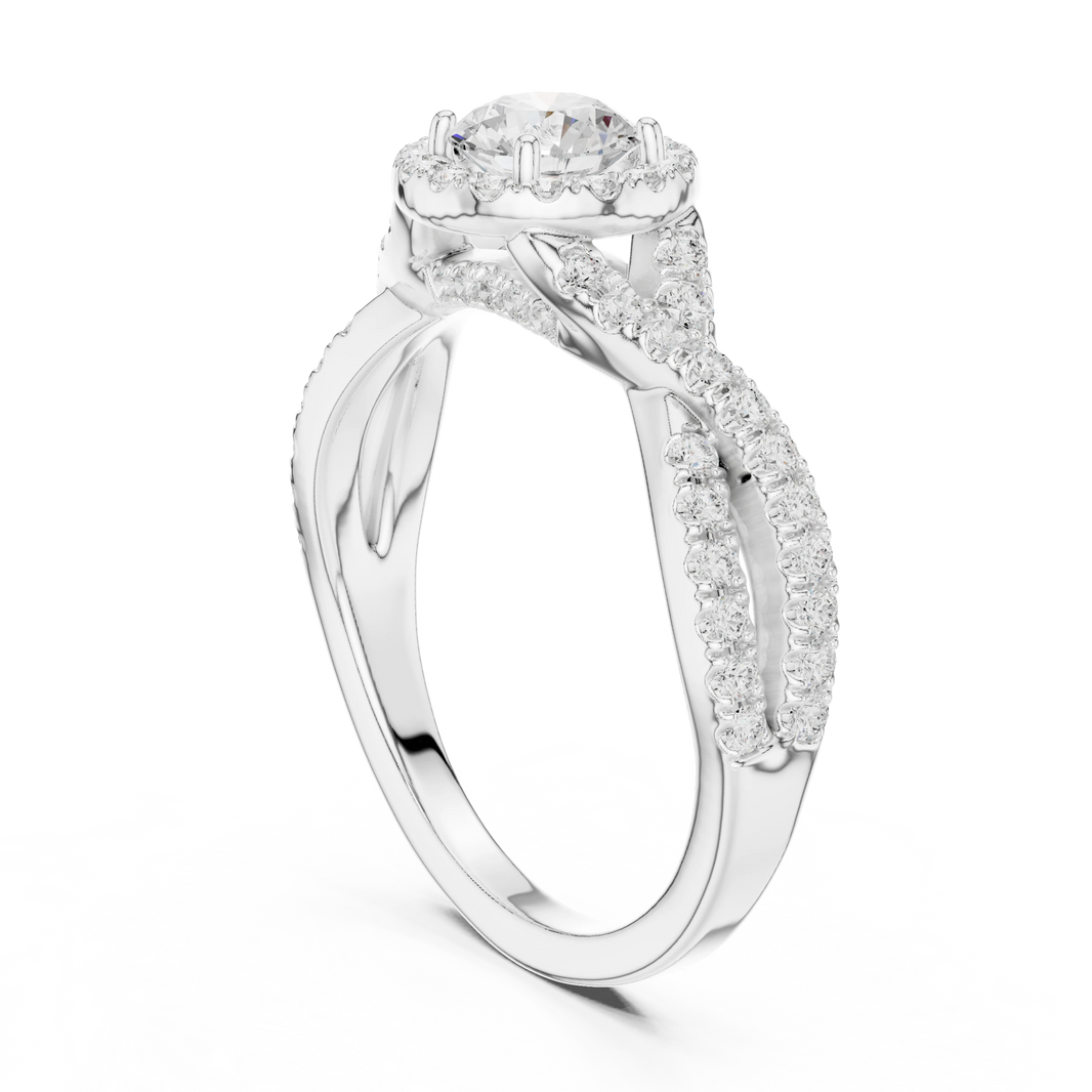 Round Halo Infinity Twist Pavé Moissanite Engagement Ring in white 925 sterling silver, view 1