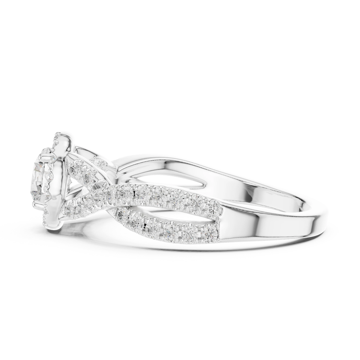 Round Halo Infinity Twist Pavé Moissanite Engagement Ring in white 925 sterling silver, view 3