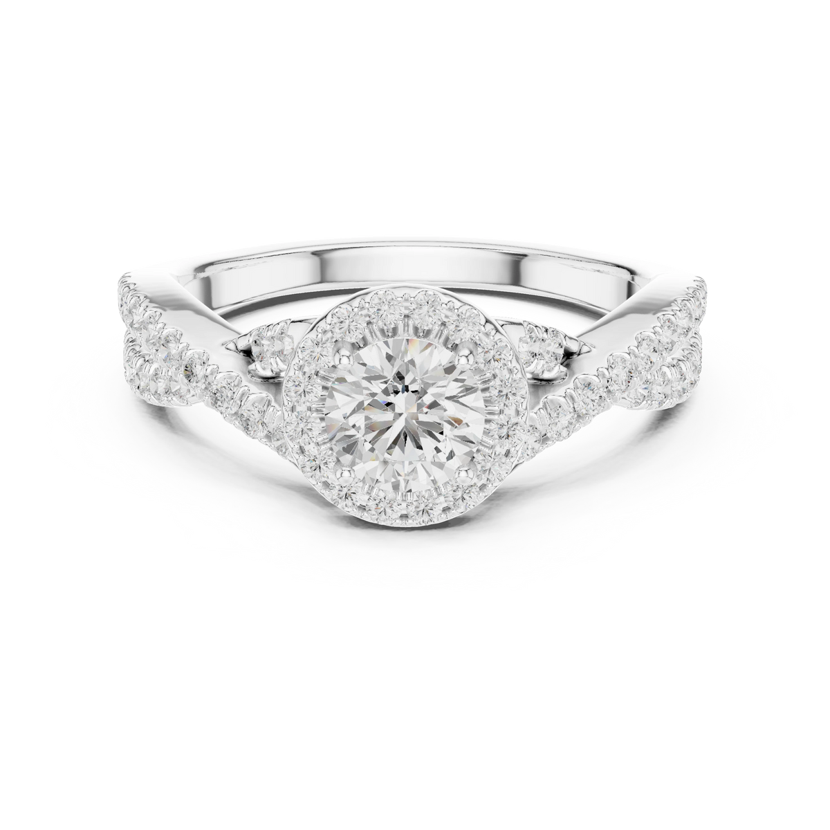 Round Halo Infinity Twist Pavé Moissanite Engagement Ring in white 925 sterling silver, view 4