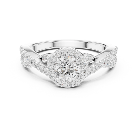 Round Halo Infinity Twist Pavé Moissanite Engagement Ring in white 925 sterling silver, view 4