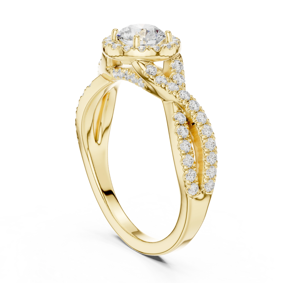 Round Halo Infinity Twist Pavé Moissanite Engagement Ring in yellow 925 sterling silver, view 1