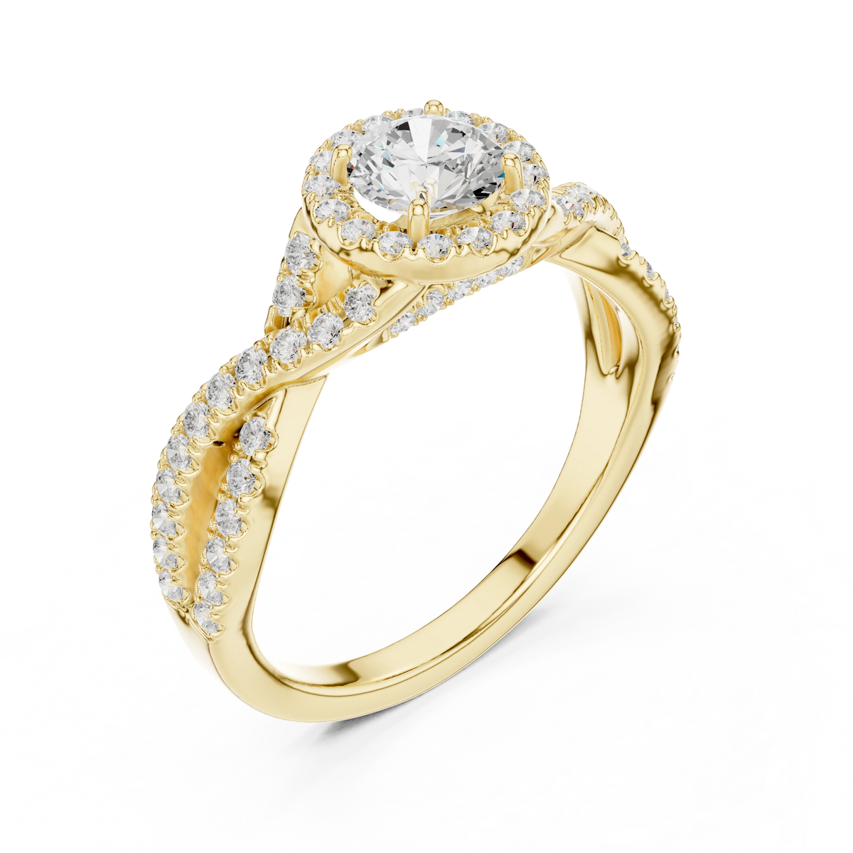 Round Halo Infinity Twist Pavé Moissanite Engagement Ring in yellow 925 sterling silver, view 2