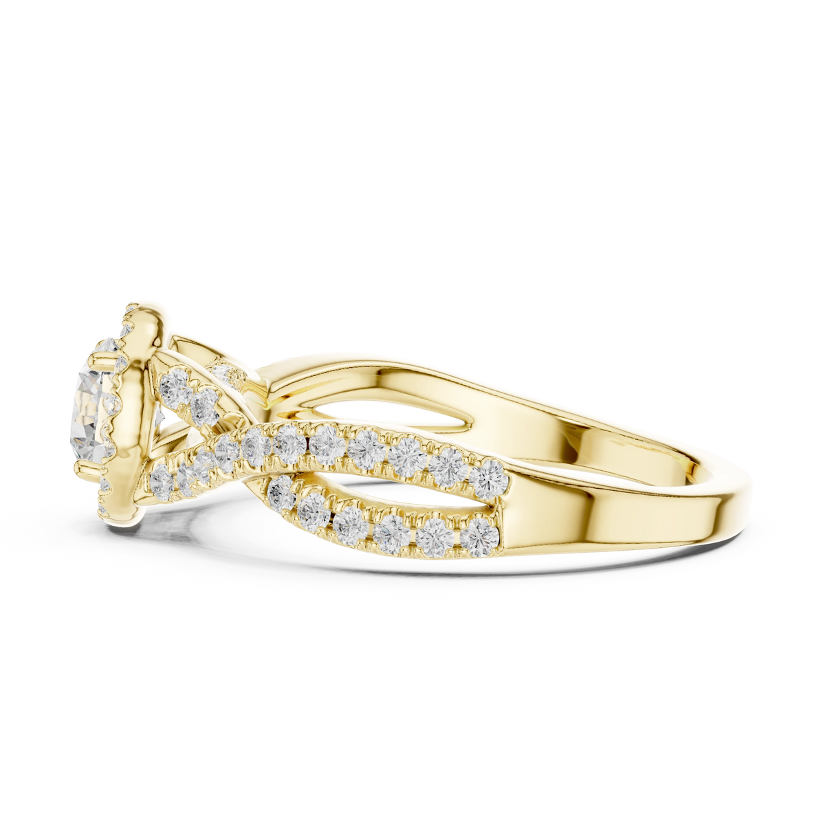 Round Halo Infinity Twist Pavé Moissanite Engagement Ring in yellow 925 sterling silver, view 3