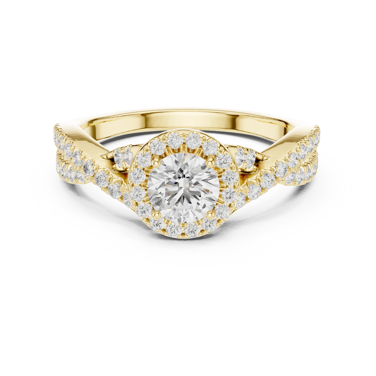 Round Halo Infinity Twist Pavé Moissanite Engagement Ring in yellow 925 sterling silver, view 4