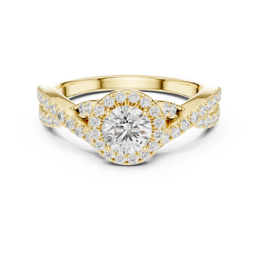 Round Halo Infinity Twist Pavé Moissanite Engagement Ring in yellow 925 sterling silver, view 4