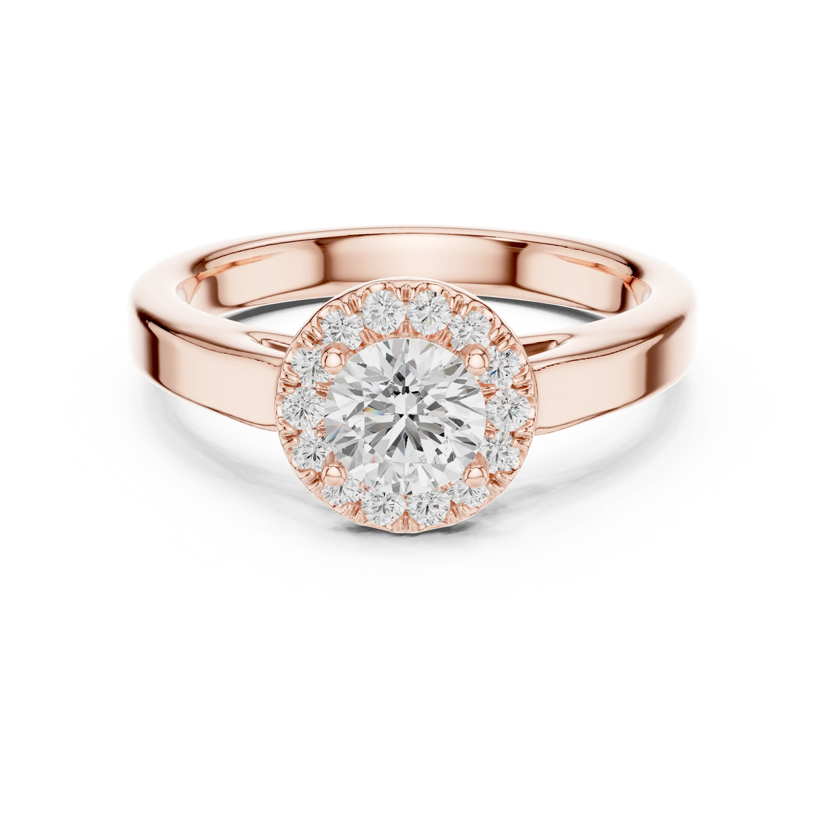 Round Halo Polished Cathedral Moissanite Engagement Ring in rose 925 sterling silver, view 4