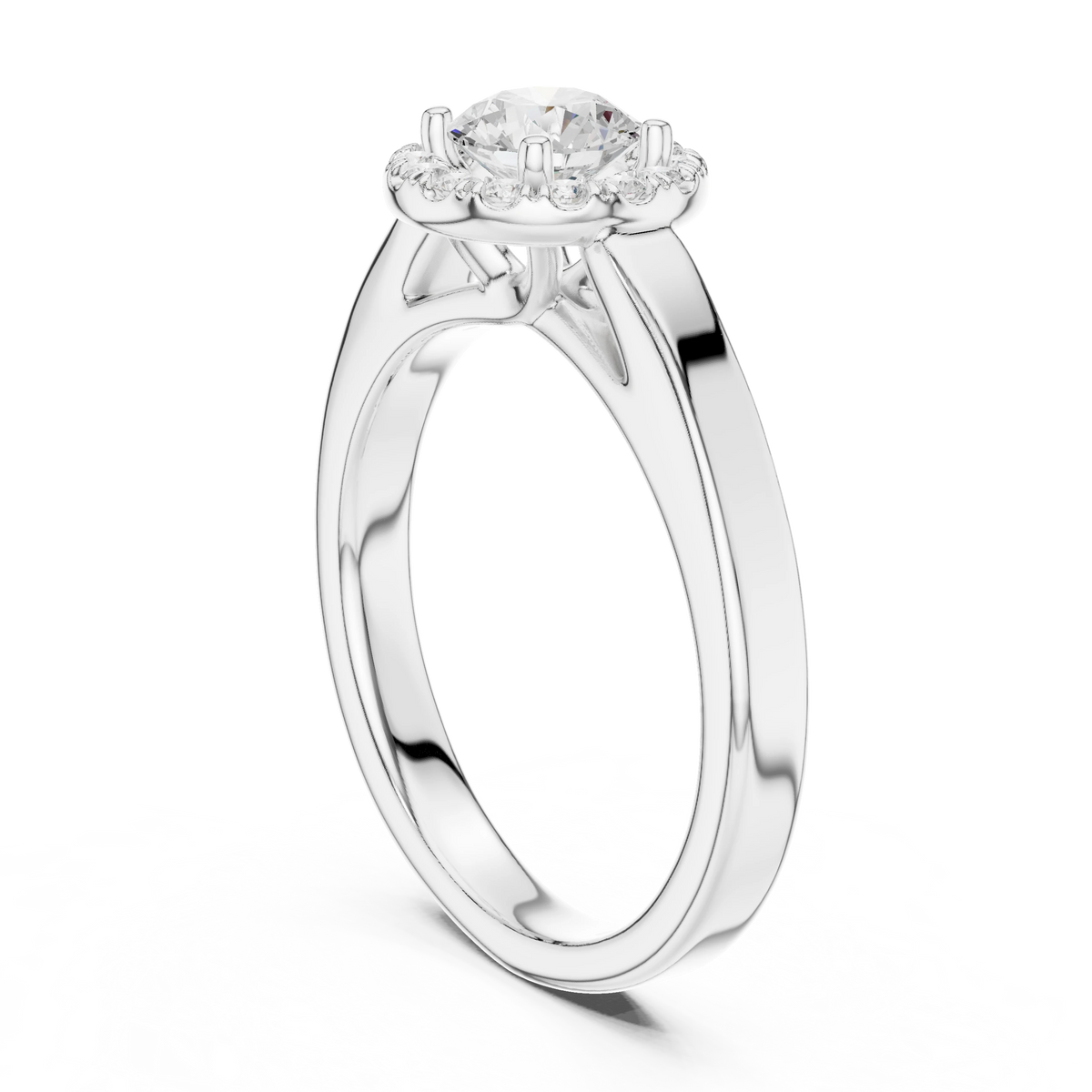 Round Halo Polished Cathedral Moissanite Engagement Ring in white 925 sterling silver, view 1