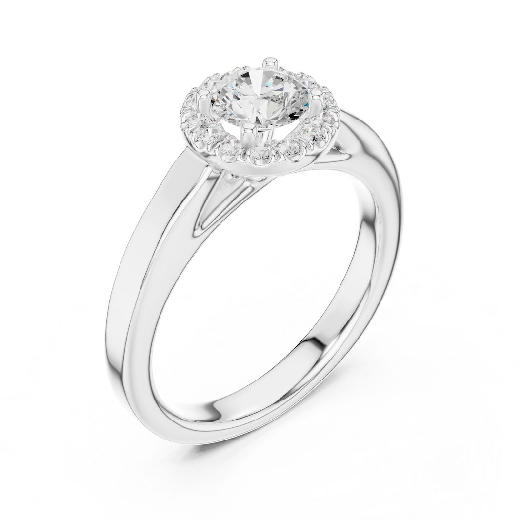 Round Halo Polished Cathedral Moissanite Engagement Ring in white 925 sterling silver, view 2