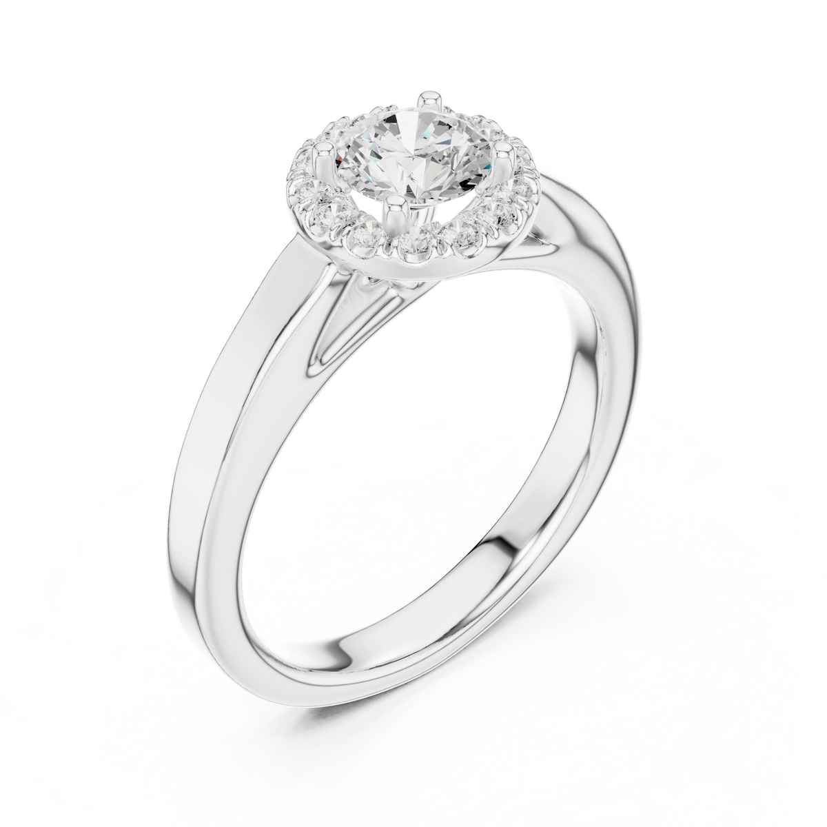 Round Halo Polished Cathedral Moissanite Engagement Ring in white 925 sterling silver, view 2