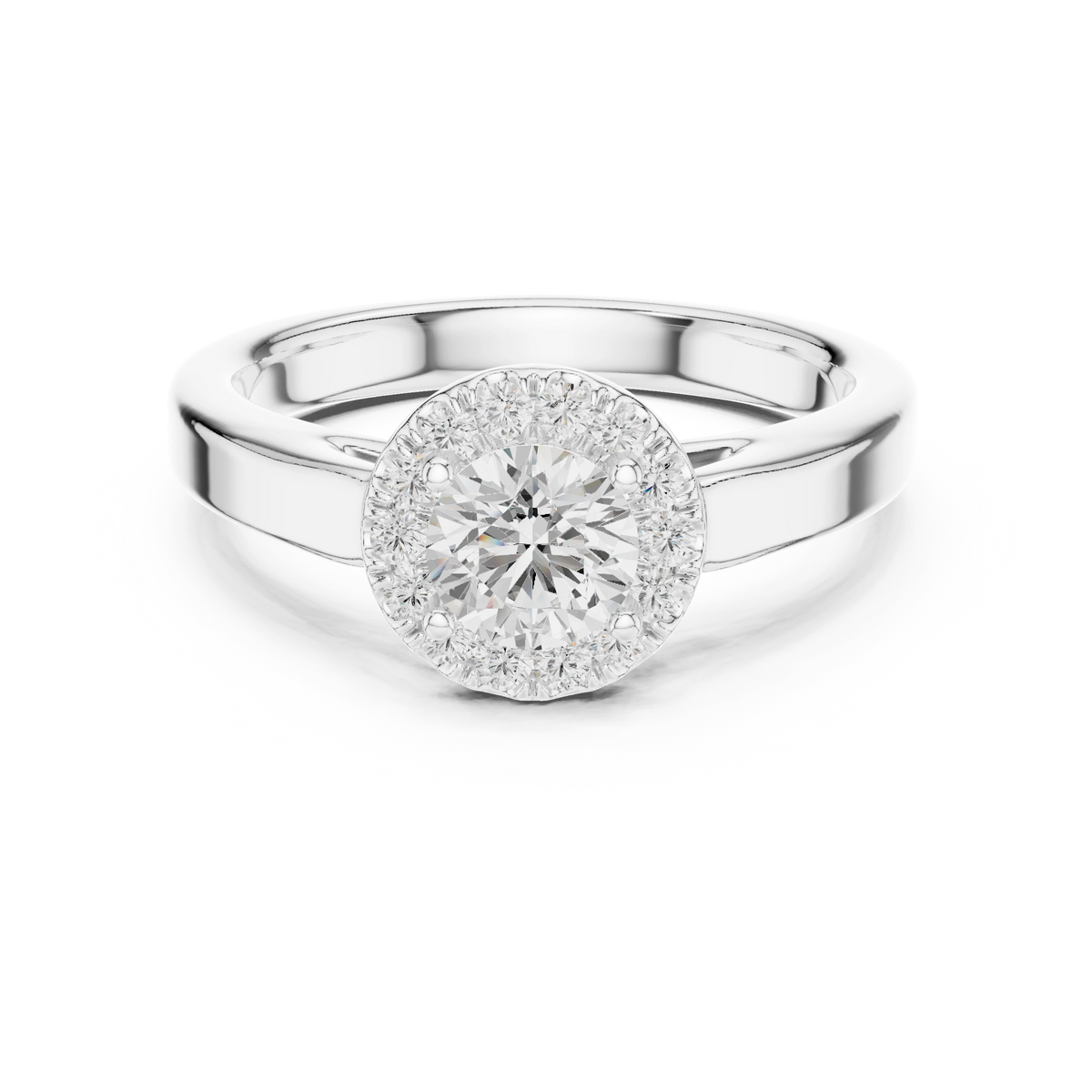 Round Halo Polished Cathedral Moissanite Engagement Ring in white 925 sterling silver, view 4