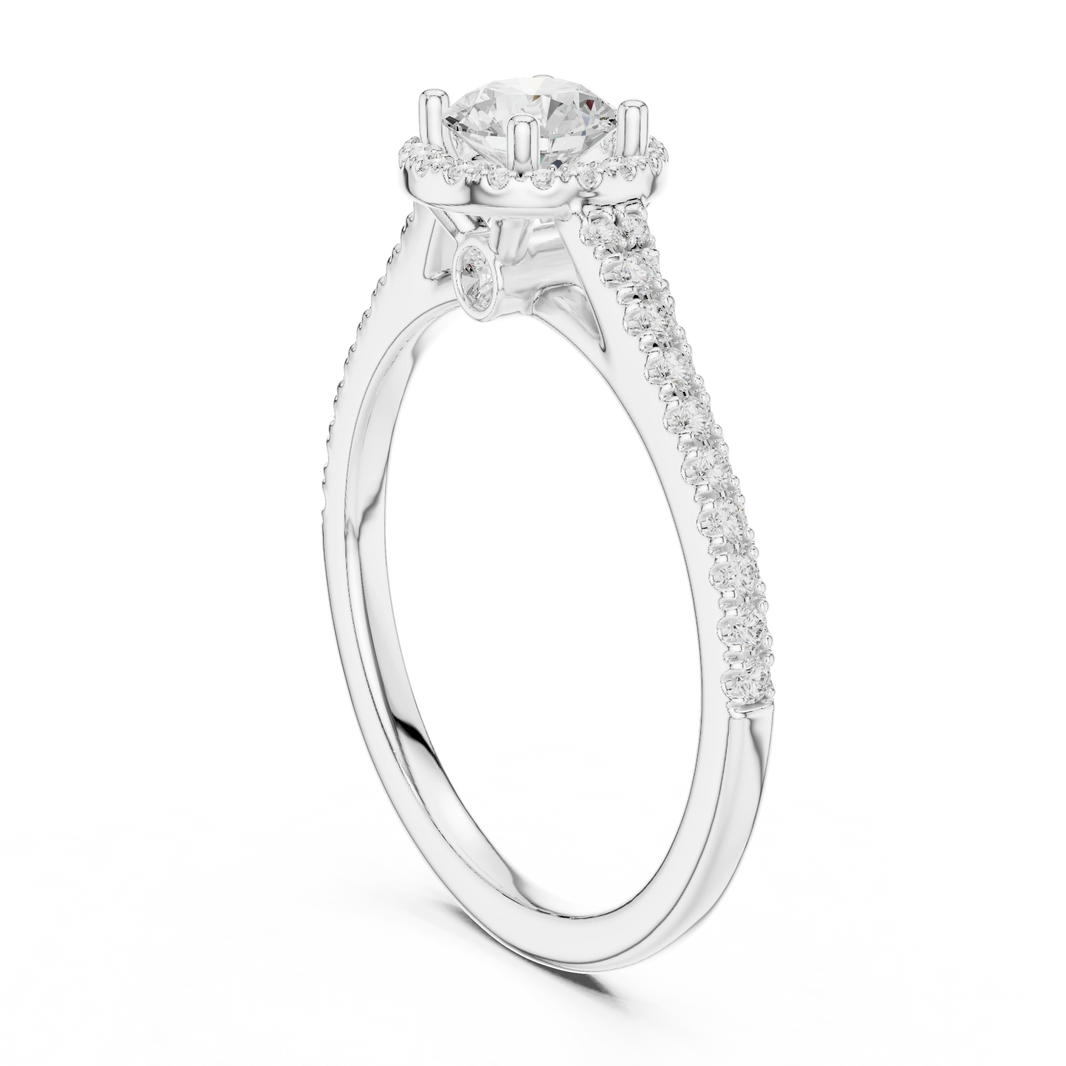 Round Halo Peekaboo Pavé Moissanite Engagement Ring in white 925 sterling silver, view 1