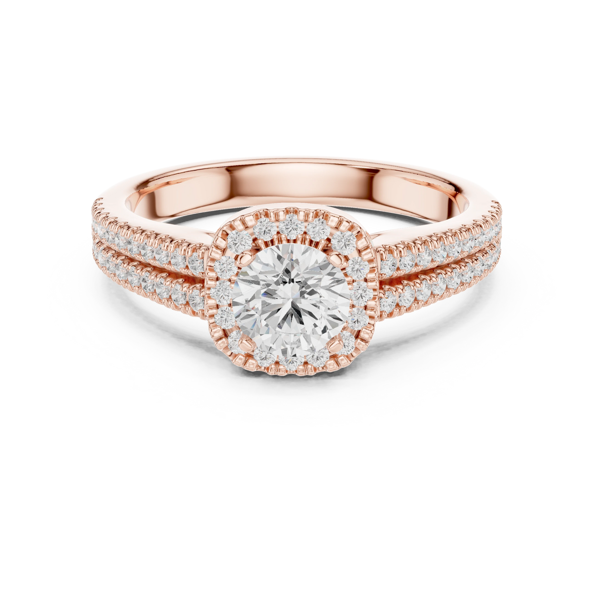 Scalloped Cushion Halo Double Row Moissanite Engagement Ring in rose 925 sterling silver, view 4