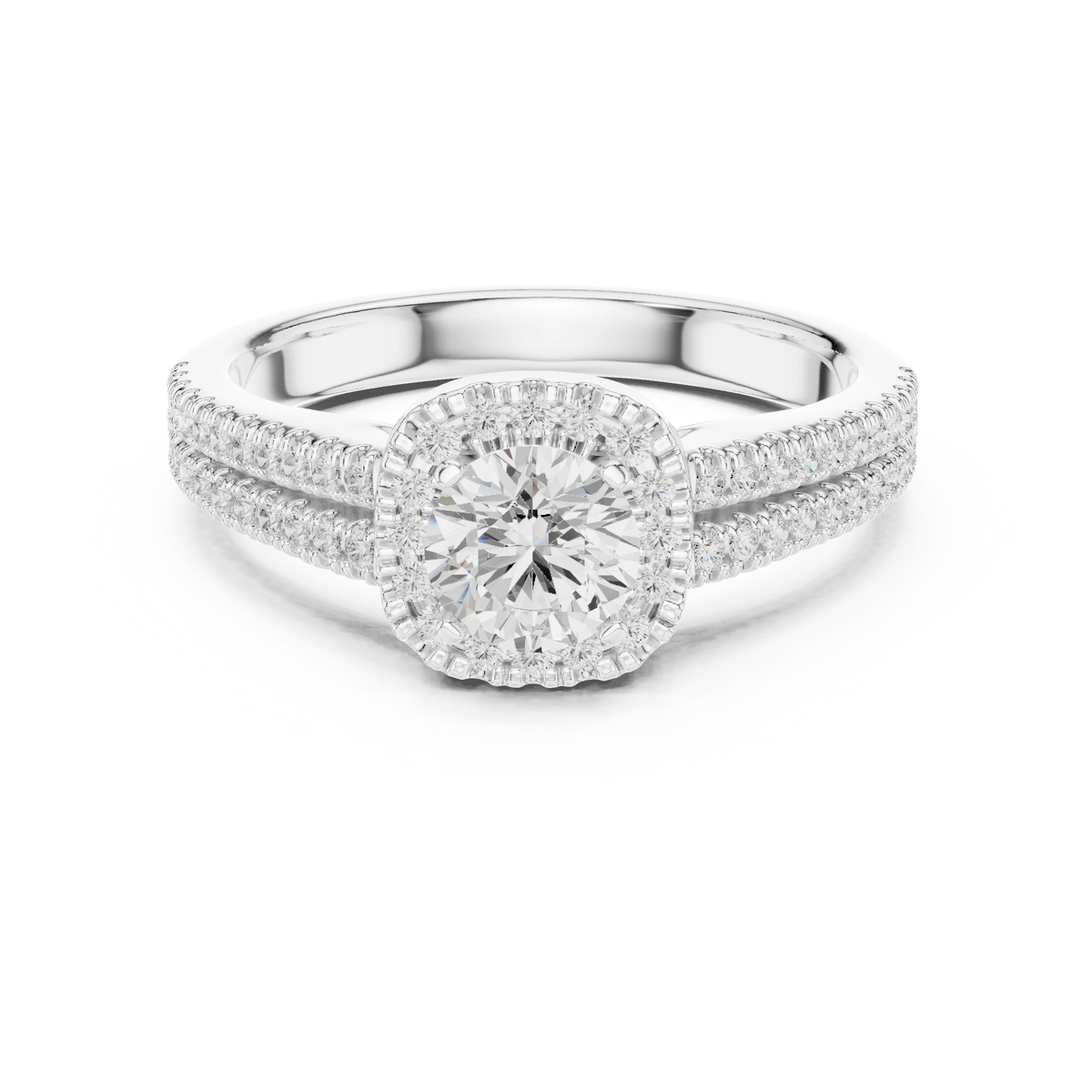 Scalloped Cushion Halo Double Row Moissanite Engagement Ring in white 925 sterling silver, view 4