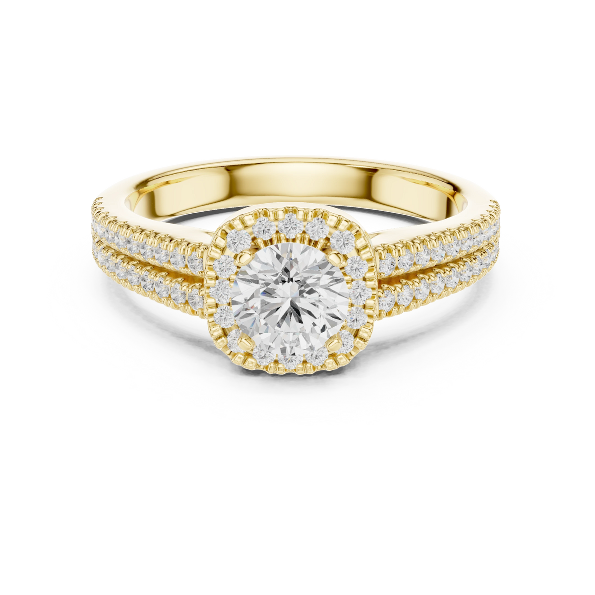 Scalloped Cushion Halo Double Row Moissanite Engagement Ring in yellow 925 sterling silver, view 4