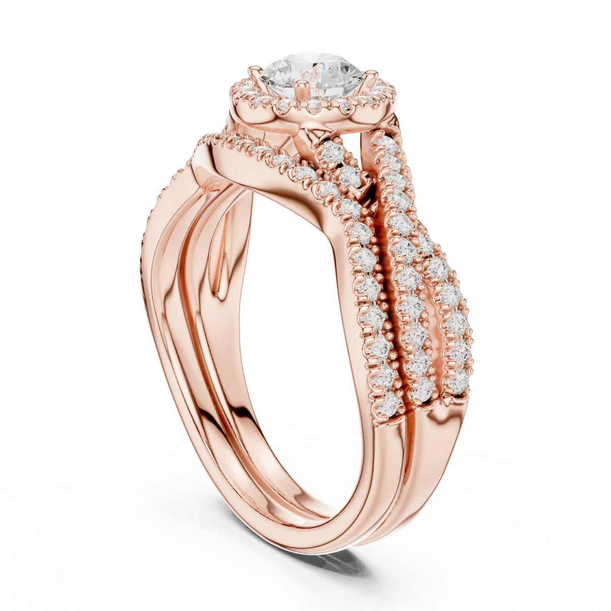 Round Halo Twisted Pavé Moissanite Bridal Ring Set in rose 925 sterling silver, view 1