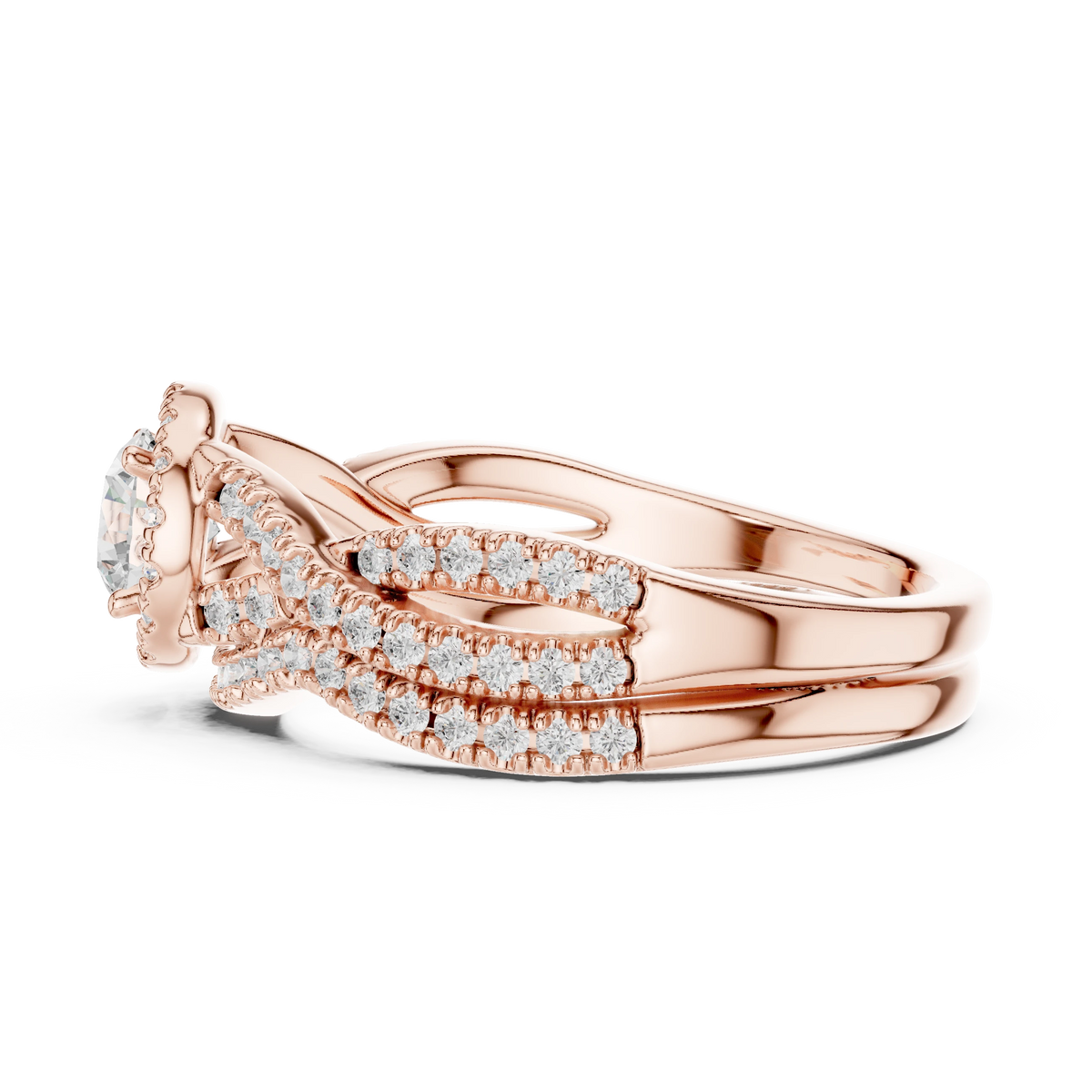 Round Halo Twisted Pavé Moissanite Bridal Ring Set in rose 925 sterling silver, view 3