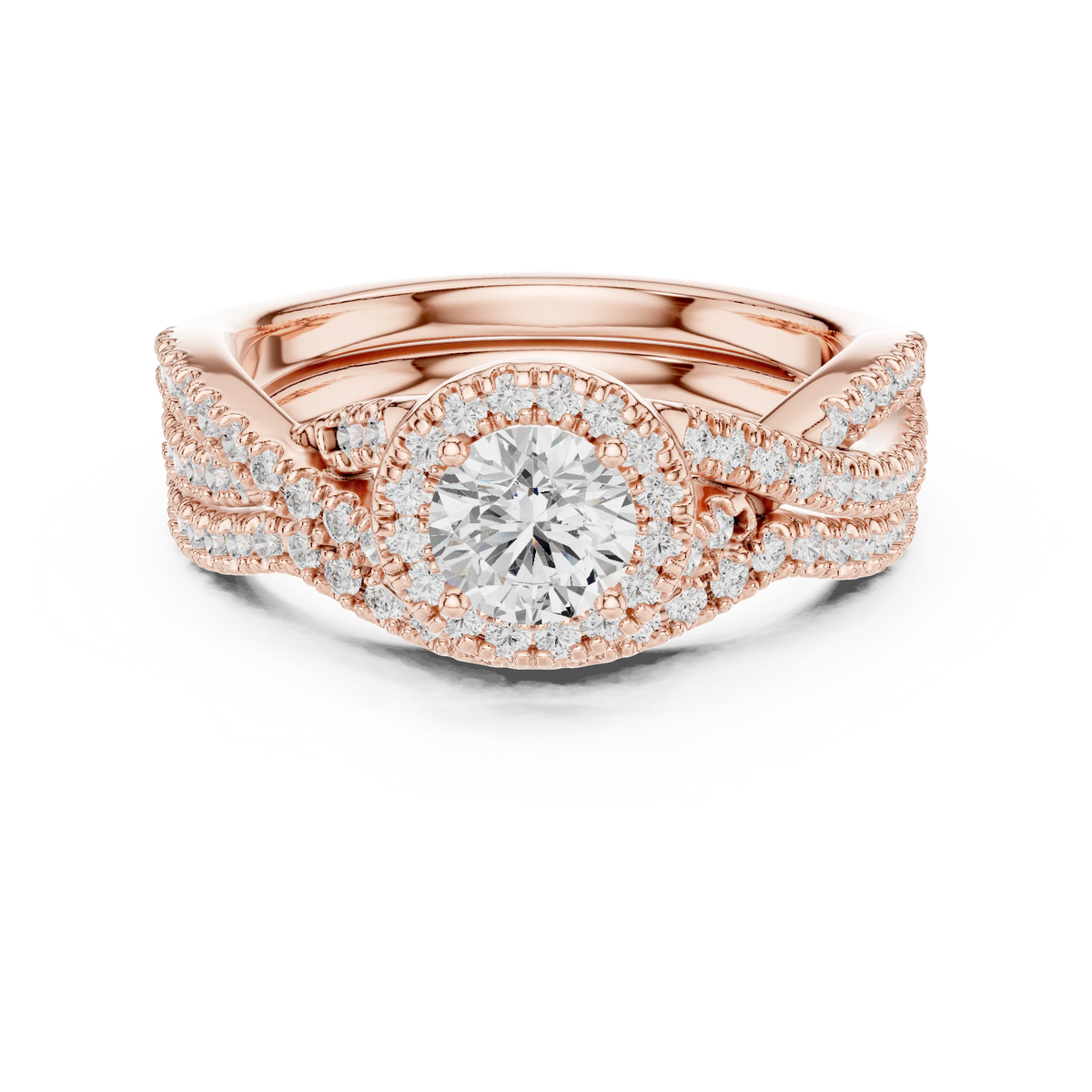 Round Halo Twisted Pavé Moissanite Bridal Ring Set in rose 925 sterling silver, view 4