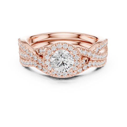 Round Halo Twisted Pavé Moissanite Bridal Ring Set in rose 925 sterling silver, view 4