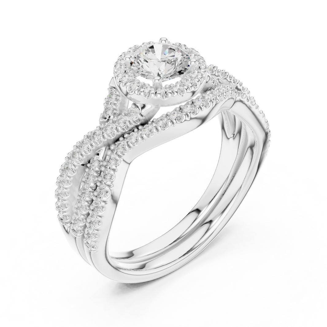 Round Halo Twisted Pavé Moissanite Bridal Ring Set in white 925 sterling silver, view 2