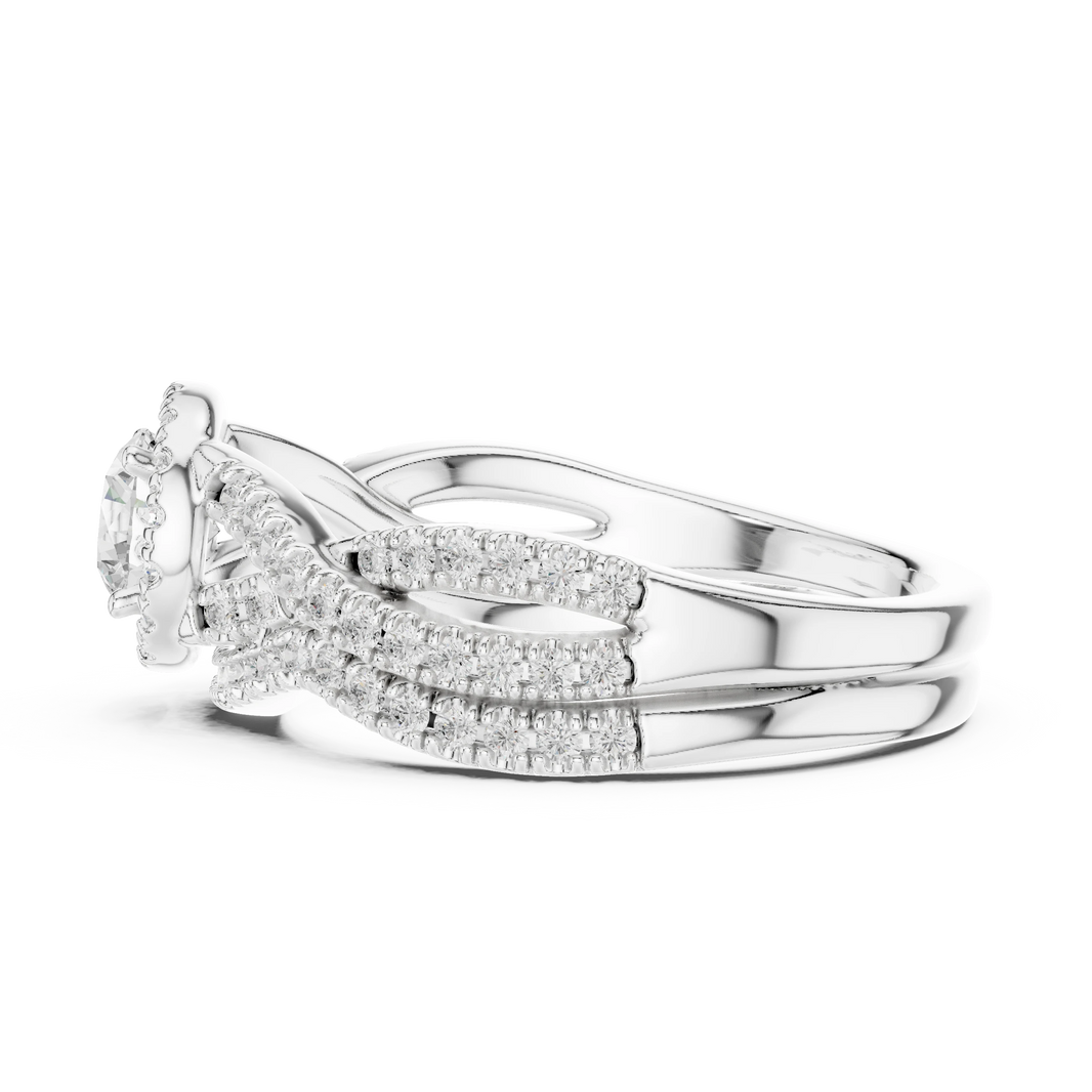 Round Halo Twisted Pavé Moissanite Bridal Ring Set in white 925 sterling silver, view 3